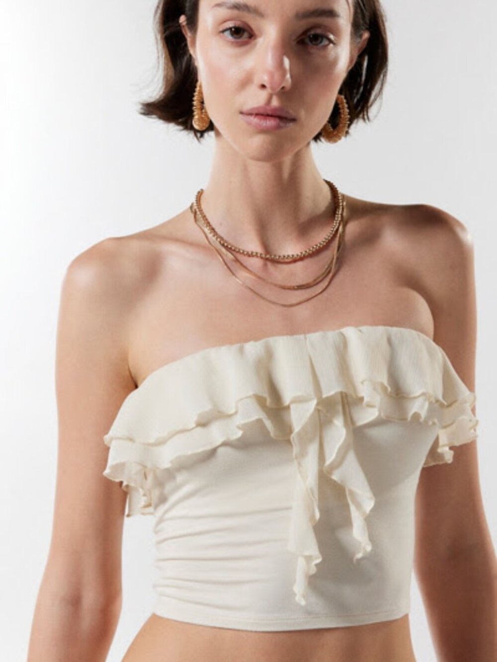 Urban Outfitters Women's White and Cream Ruffle Tube Top